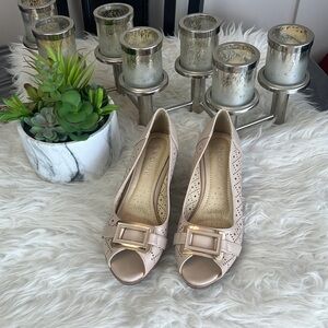 Michaela Women’s Nude/Brown Laser Cut Open Toe Wedge Sandals Size EU 37